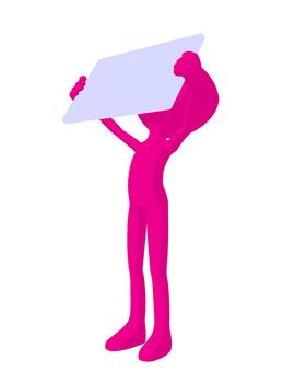 Cute pink silhouette guy holding a blank business card on a white background

