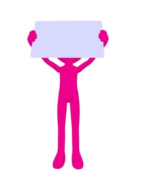 Cute pink silhouette guy holding a blank business card on a white background
