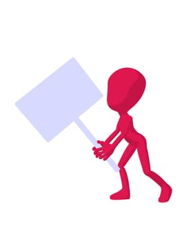 Cute pink silhouette guy holding a blank business card on a white background
