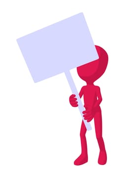 Cute pink silhouette guy holding a blank business card on a white background

