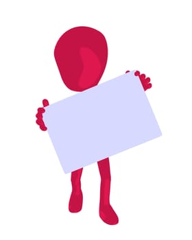 Cute pink silhouette guy holding a blank business card on a white background
