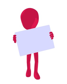 Cute pink silhouette guy holding a blank business card on a white background
