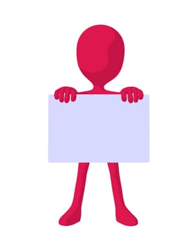 Cute pink silhouette guy holding a blank business card on a white background
