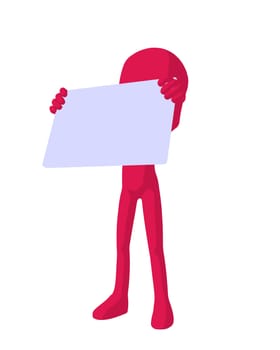 Cute pink silhouette guy holding a blank business card on a white background
