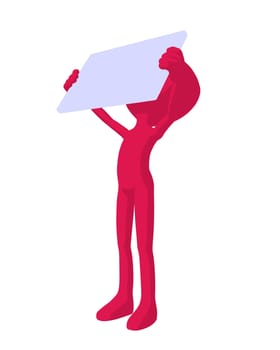 Cute pink silhouette guy holding a blank business card on a white background
