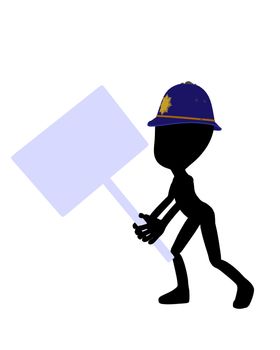 Cute black silhouette police guy holding a blank sign on a white background
