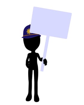 Cute black silhouette police guy holding a blank sign on a white background
