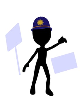 Cute black silhouette police guy standing on a white background
