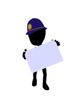 Cute black silhouette police guy holding a blank business card on a white background
