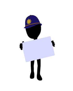 Cute black silhouette police guy holding a blank business card on a white background
