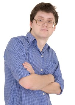 Skeptic male portrait in spectacles on the white background