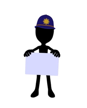 Cute black silhouette police guy holding a blank business card on a white background
