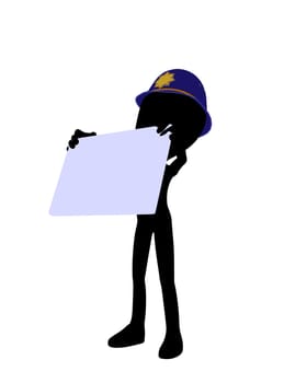 Cute black silhouette police guy holding a blank business card on a white background
