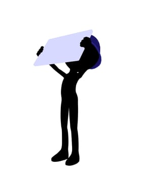 Cute black silhouette police guy holding a blank business card on a white background
