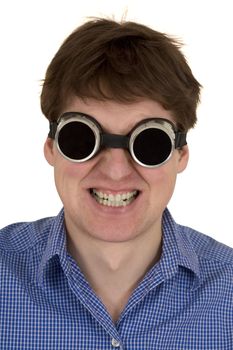 Man in welding goggles on the white background