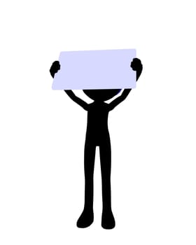 Cute black silhouette police guy holding a blank business card on a white background

