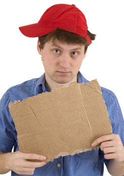 Man in red baseball cap with carton tablet in hands