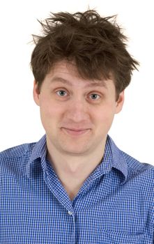 Male portrait with shaggy hair on the white background