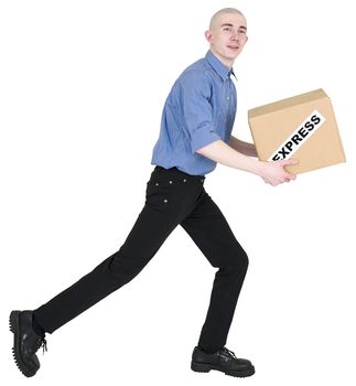 Courier and cardboard box with inscription "express"