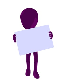 Cute purple silhouette guy holding a blank business card on a white background
