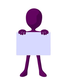 Cute purple silhouette guy holding a blank business card on a white background
