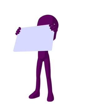 Cute purple silhouette guy holding a blank business card on a white background
