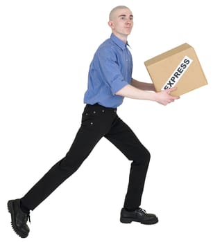 Courier and cardboard box on the white background