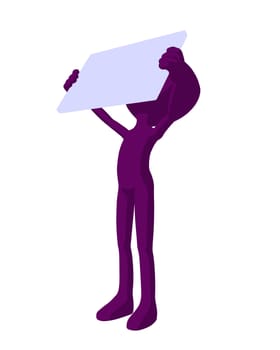 Cute purple silhouette guy holding a blank business card on a white background
