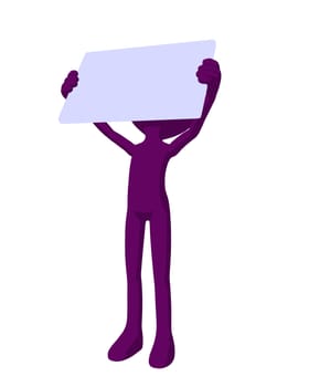Cute purple silhouette guy holding a blank business card on a white background
