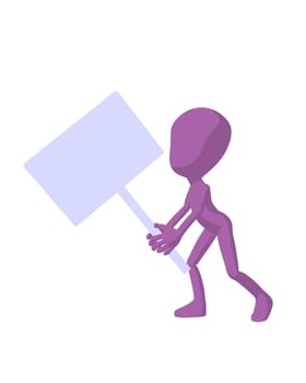 Cute purple silhouette guy holding a blank sign on a white background

