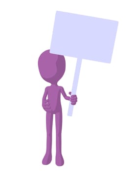 Cute purple silhouette guy holding a blank sign on a white background
