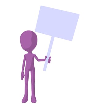 Cute purple silhouette guy holding a blank sign on a white background
