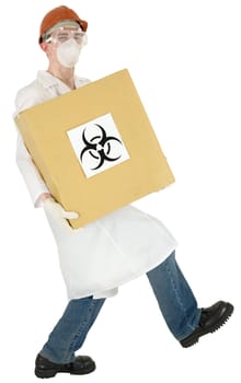 Scientist holding in hand carton box with sticker sign biohazard