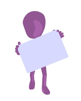 Cute purple silhouette guy holding a blank business card on a white background
