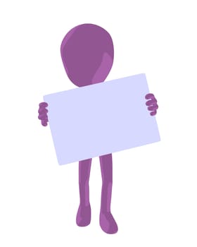 Cute purple silhouette guy holding a blank business card on a white background
