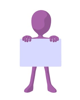 Cute purple silhouette guy holding a blank business card on a white background

