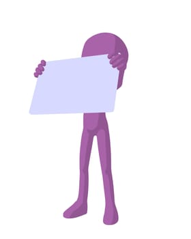 Cute purple silhouette guy holding a blank business card on a white background

