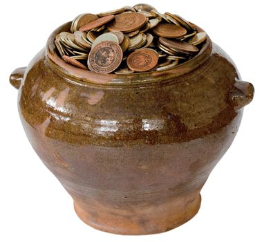 Brown ceramic pot with metal vintage money on the white background