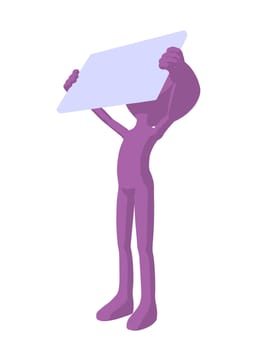 Cute purple silhouette guy holding a blank business card on a white background
