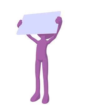 Cute purple silhouette guy holding a blank business card on a white background
