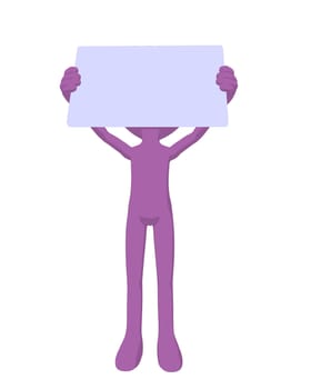 Cute purple silhouette guy holding a blank business card on a white background
