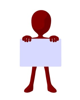 Cute red silhouette guy holding a blank business card on a white background
