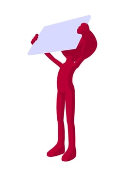 Cute red silhouette guy holding a blank business card on a white background
