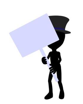 Cute black silhouette top hat guy holding a blank sign on a white background
