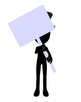Cute black silhouette top hat guy holding a blank sign on a white background
