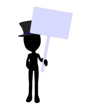 Cute black silhouette top hat guy holding a blank sign on a white background

