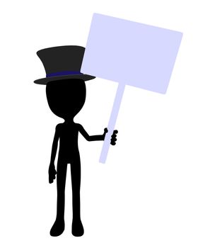 Cute black silhouette top hat guy holding a blank sign on a white background

