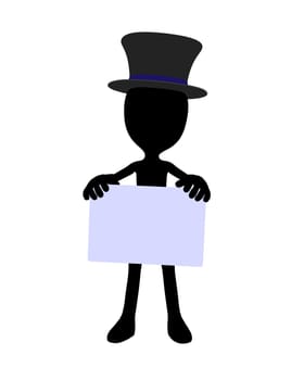 Cute black silhouette top hat guy holding a blank business card on a white background
