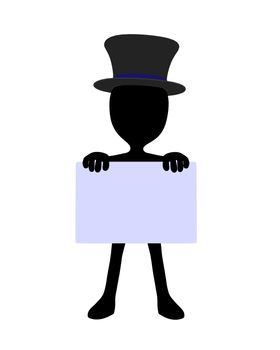 Cute black silhouette top hat guy holding a blank business card on a white background
