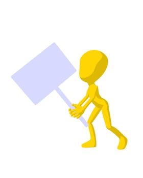 Cute yellow silhouette guy holding a blank sign on a white background
